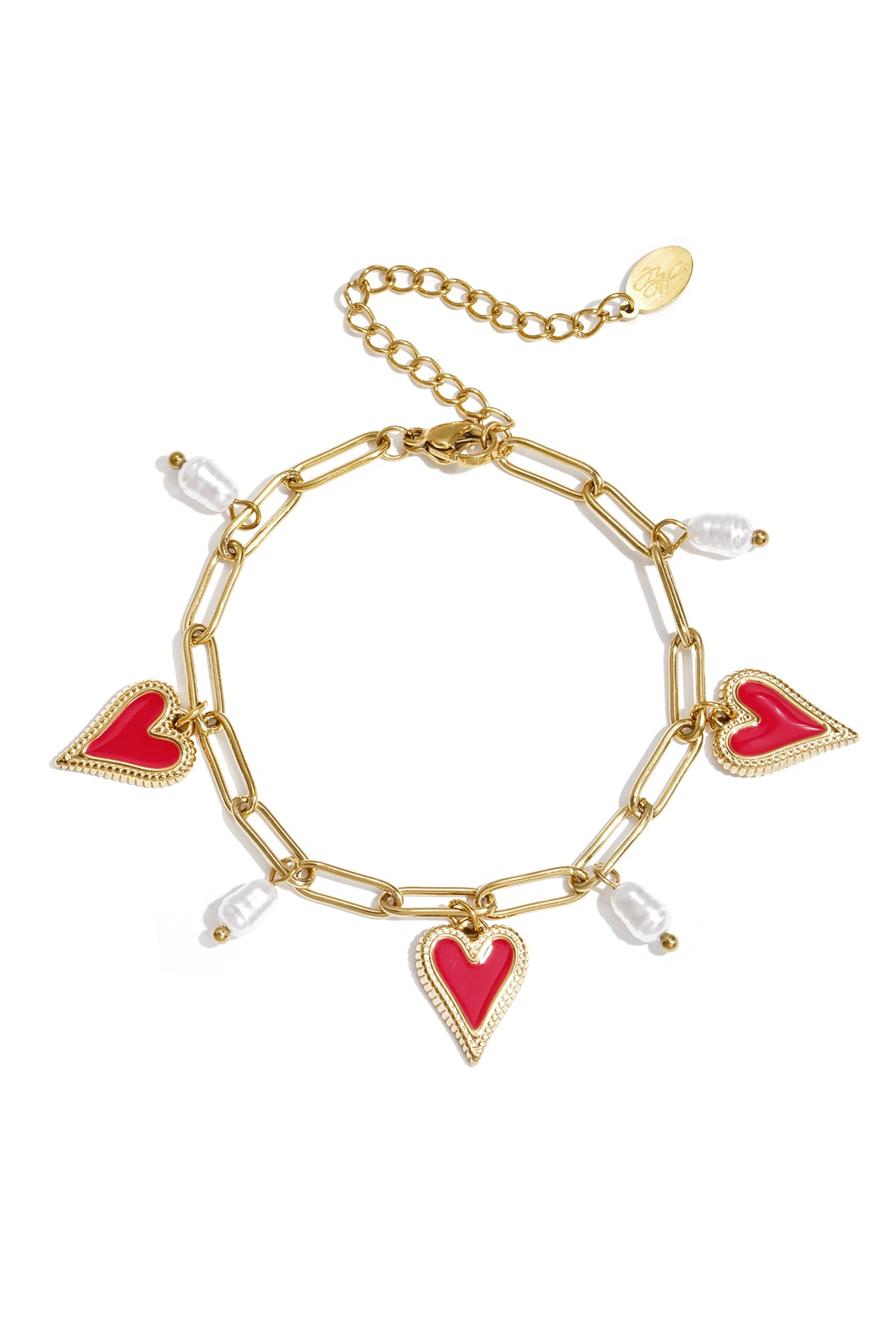 Linked bracelets with pearls and heart charms